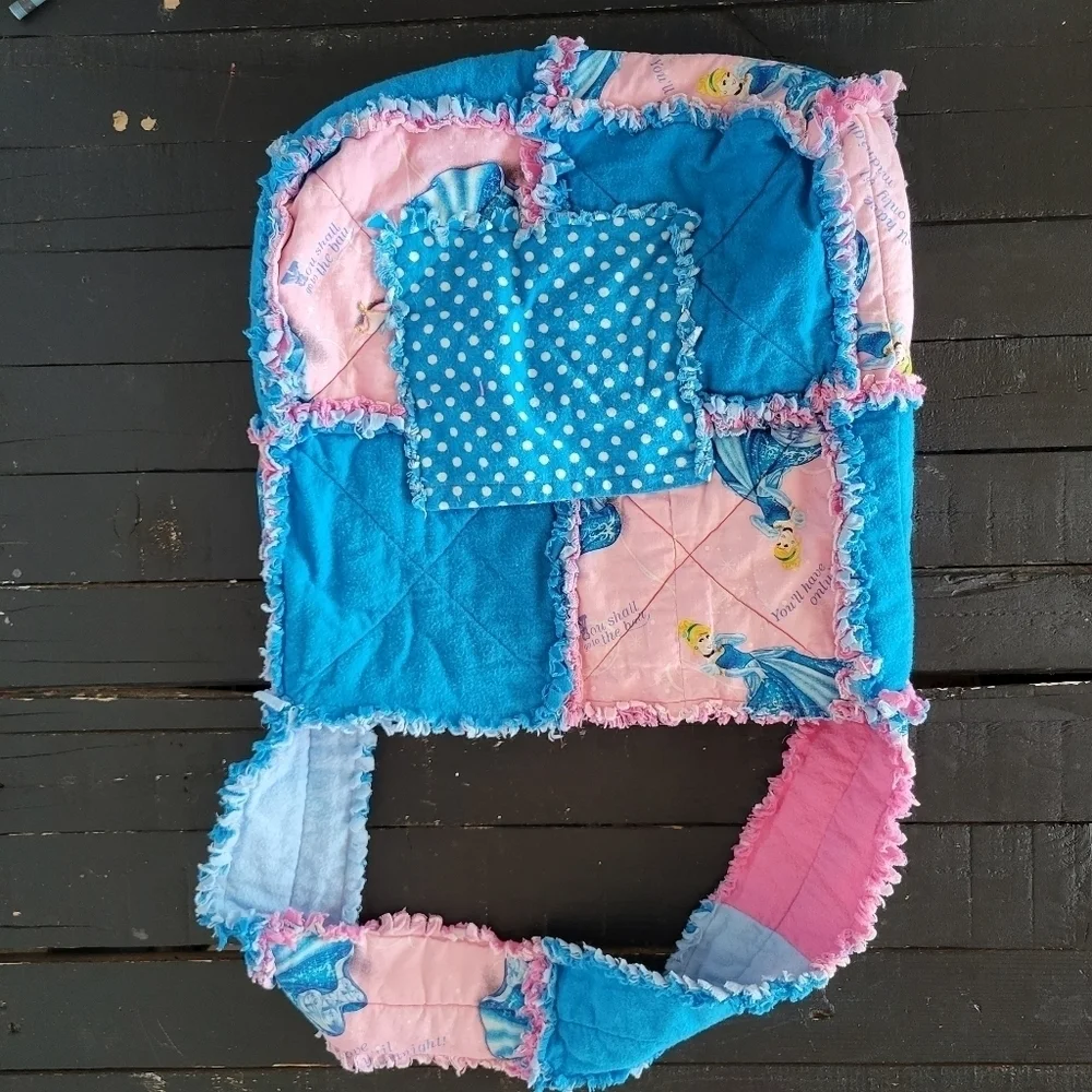 Handmade Quilted Cinderella Bag Tote Pink Blue Disney Princess Rag Fringe Soft
